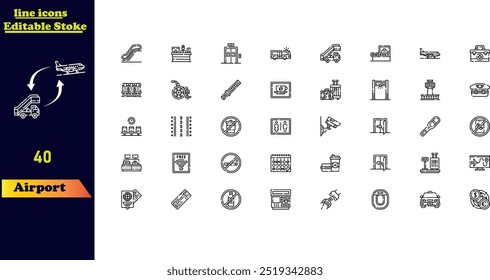 Conjunto de iconos de golpe de aeropuerto, con iconos para el aeropuerto, aduanas, inmigración, tarjeta de embarque, aterrizaje, check-in, escaleras, viajeros mayores y carrito.