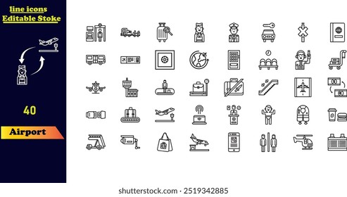 Conjunto de iconos de golpe de aeropuerto, con iconos para el aeropuerto, aduanas, inmigración, tarjeta de embarque, aterrizaje, check-in, escaleras, viajeros mayores y carrito.