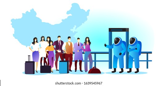 airport stuff in hazmat suits checking passengers spreading coronavirus infection epidemic MERS-CoV virus wuhan 2019-nCoV pandemic health risk concept chinese map full length horizontal vector