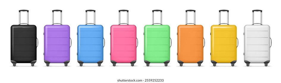 Airport suitcases, holiday vacation suitcases. Vector illustration of colorful bags with handles, luggage suitcases, travel abroad accessories, handbag baggage element. Set of tourist cases