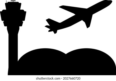 Airport Symbol With Air Traffic Control Tower And Plane Taking Off, Vector Illustration