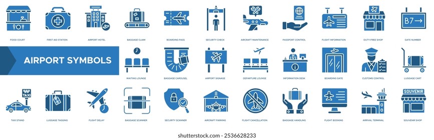 Ícone Símbolos do Aeroporto. Tribunal de Alimentos, Estação de Primeiros Socorros, Aeroporto Hotel, Bagagem Reivindicação, Passe de Embarque