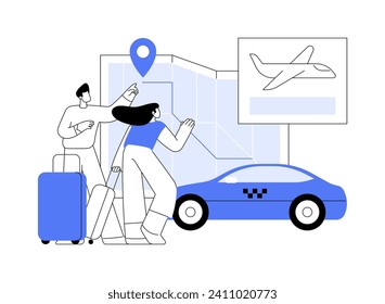 Airport taxi abstract concept vector illustration. Young couple with luggage using airport taxi services, airway transportation, commercial air transport, get to the destination abstract metaphor.