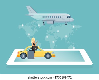 Airport taxi car, character female go international terminal, woman passenger order cab concept flat vector illustration. Aircraft travel world map, online aviation ticket, trip different country.