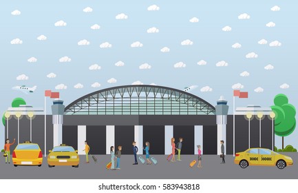 Airport Taxi Service Concept Vector Illustration In Flat Style. Taxi Stand.