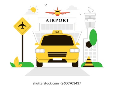 Airport Taxi Service Vector Illustration Showing Passenger Transfer with Luggage from the Airport to Destination in a Flat Style Cartoon Background
