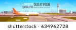 Airport Terminal With Aircraft Flying Plane Taking Off Flat Vector Illustration