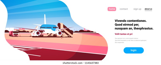 Airport terminal aircraft flying plane taking off waiting to board passengers flat horizontal banner copy space vector illustration