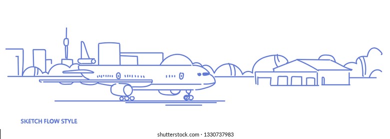 airport terminal with aircraft flying plane taking off cityscape background sketch flow style horizontal banner