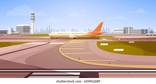 Airport Terminal With Aircraft Flying Plane Taking Off Flat Vector Illustration