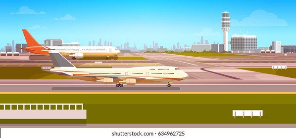 Airport Terminal With Aircraft Flying Plane Taking Off Flat Vector Illustration