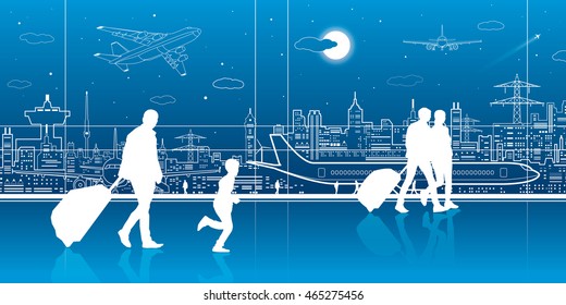 Airport terminal, aircraft on runway, airplane takeoff, airport scene, people expect flight, transportation infrastructure on background, vector design art