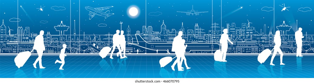 Airport terminal, aircraft on runway, airplane takeoff, aviation scene, people expect flight, transportation infrastructure on background, vector design art