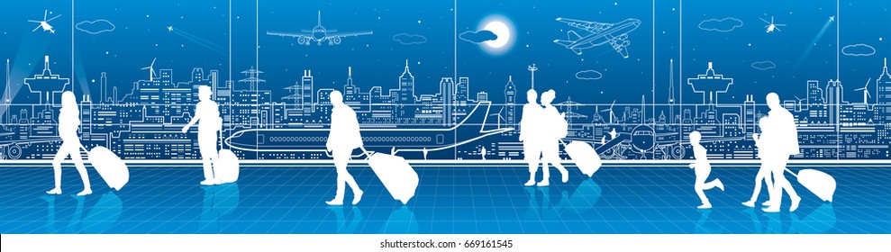 Airport terminal, aircraft on runway, airplane takeoff, aviation scene, people expect flight, transportation infrastructure on background, vector design art