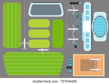 Airport with terminal, airplanes, service cars