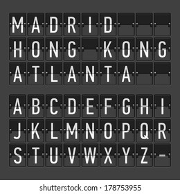 Airport terminal arrival/departure timetable, information board, display alphabet. Vector.