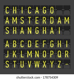 Airport terminal arrival/departure timetable, information board, display alphabet. Vector.