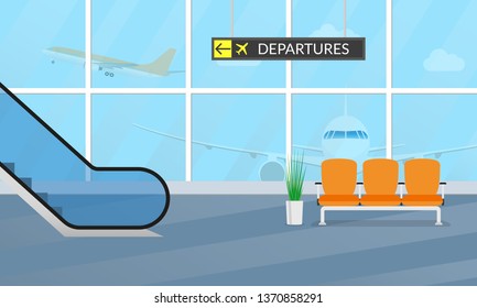 Airport terminal background. Waiting hall interior with the airplanes outside the window. Departure lounge with chairs and escalator. Vector illustration.