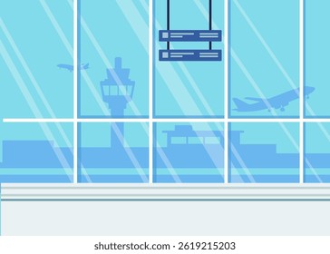 Airport terminal background. Waiting hall interior with the airplanes outside the window. Vector Illustration. Stock Illustration.