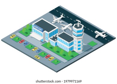 Airport terminal birds eye view isometric composition with traffic control tower airplane takeoff on runway vector illustration