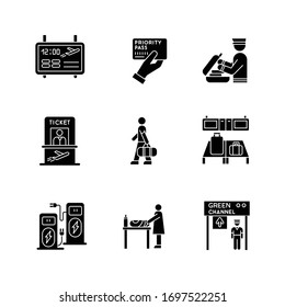 Airport terminal black glyph icons set on white space. Flight information panel. Priority pass. Security check luggage. Ticket for airplane. Silhouette symbols. Vector isolated illustration