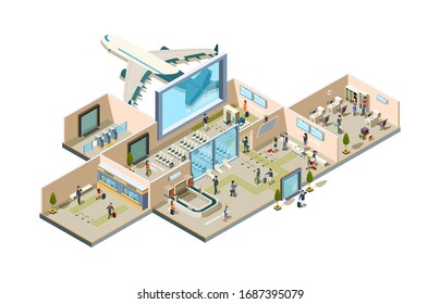 Airport terminal. Boarding gate conveyor for luggage ticketing waiting room passengers and aviation personal characters isometric