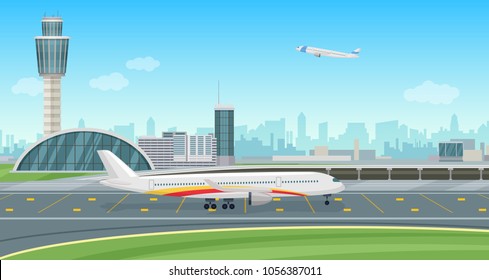 Airport Terminal building with aircraft taking off. Vector airport landscape.