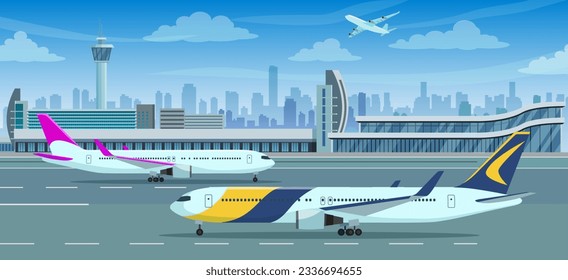 Construcción de terminales aeroportuarias y aviones en pista, paisaje de ciudad en segundo plano, ilustración vectorial