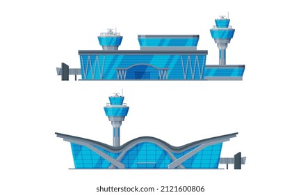 Airport Terminal Building with Concourse and Control Tower Vector Set