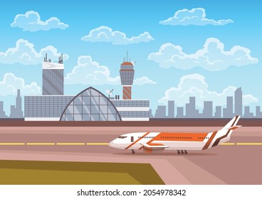 Airport terminal building and control tower with airplane on runway, city landscape on background. Travel and tourism concept, passenger air transportation