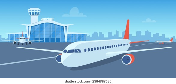 Airport terminal building, control tower and big aircraft on runway. City building silhouettes on background. Time to travel. Travel concept. Vector illustration