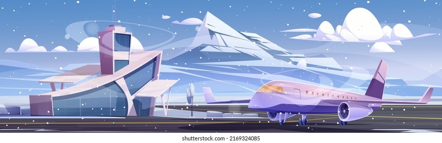 Airport Terminal Building With Dispatcher Tower, Airplane Waiting To Flight On Runaway, Winter Snowfall. Modern Aerodrome Or Transport Hub Infrastructure And Air Transport, Cartoon Vector Illustration