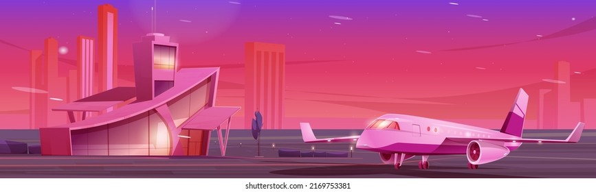 Airport Terminal Building With Dispatcher Tower And Airplane Waiting To Flight On Runaway. Modern Metropolis Aerodrome Or Transport Hub Infrastructure And Air Transport, Cartoon Vector Illustration