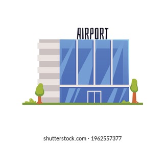 Airport terminal building with glazed big windows, flat vector illustration isolated on white background. Emblem or logo element for airline in simple style.