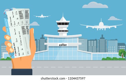 Airport terminal building. Hand holding two air tickets. Urban background flat and solid color design.