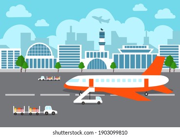 Airport Terminal building with infographic aircraft taking off and Different transport types elements templates Vector illustration 