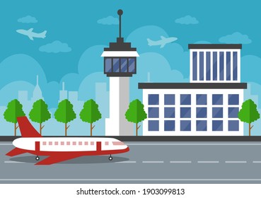 Airport Terminal building with infographic aircraft taking off and Different transport types elements templates Vector illustration 