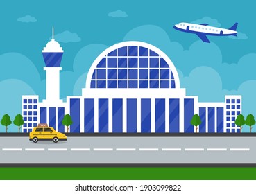 Airport Terminal building with infographic aircraft taking off and Different transport types elements templates Vector illustration 
