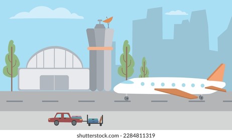 Airport Terminal building with infographic aircraft taking off and Different transport types of elements. Airport and travelling by passenger plane concept. Airport landscape image. vector.