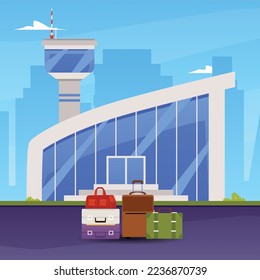 Airport terminal building with luggage suitcases, flat vector illustration. Background design for traveling and flying, booking services banners and posters.