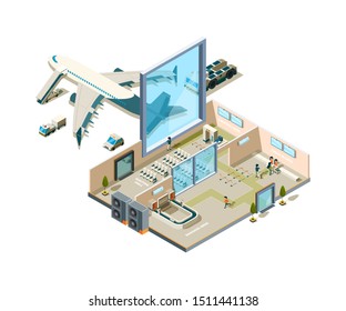 Airport terminal building. Vector crossection arrival interior entrance security service caffe luggage conveyor stores vector airport equipment