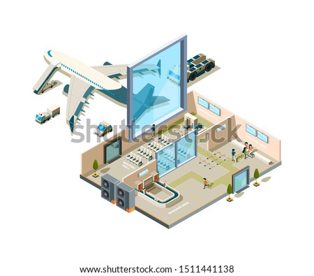 Airport terminal building. Vector crossection arrival interior entrance security service caffe luggage conveyor stores vector airport equipment