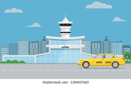 Airport terminal building and yellow taxi. Urban background flat and solid color design.