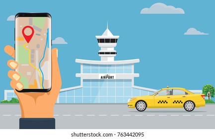 Airport terminal building and yellow taxi hand holding smartphone booking taxi. Urban background flat and solid color design. Illustrated vector.