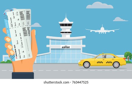 Airport terminal building and yellow taxi. Hand holding two air tickets. Urban background flat and solid color design. Illustrated vector.