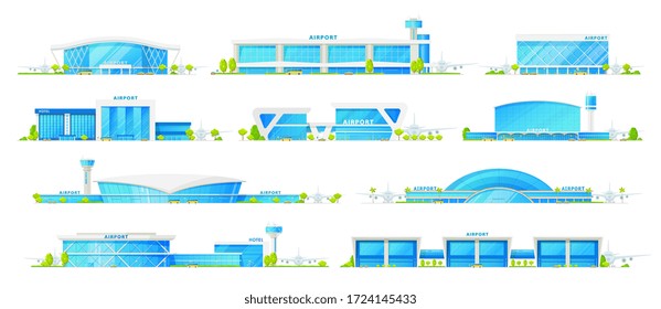 Airport terminal buildings, vector icons. International airport and hotel, terminals with air traffic control tower, airplane and passenger gates, modern architecture with glass facades