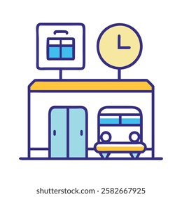 An airport terminal with a bus representing air travel and transportation