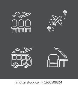 Airport terminal chalk white icons set on black background. Waiting area for passengers. Aircraft lounge with empty seats. Airplane departure. Isolated vector chalkboard illustrations
