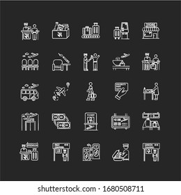 Airport terminal chalk white icons set on black background. Boarding pass. Flight information. Smoking area. Lounge for passenger waiting. Airline services. Isolated vector chalkboard illustrations