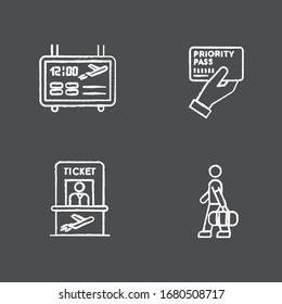 Airport terminal chalk white icons set on black background. Flight information on electronic scoreboard. Male passenger with luggage. Timetable for departure. Isolated vector chalkboard illustrations